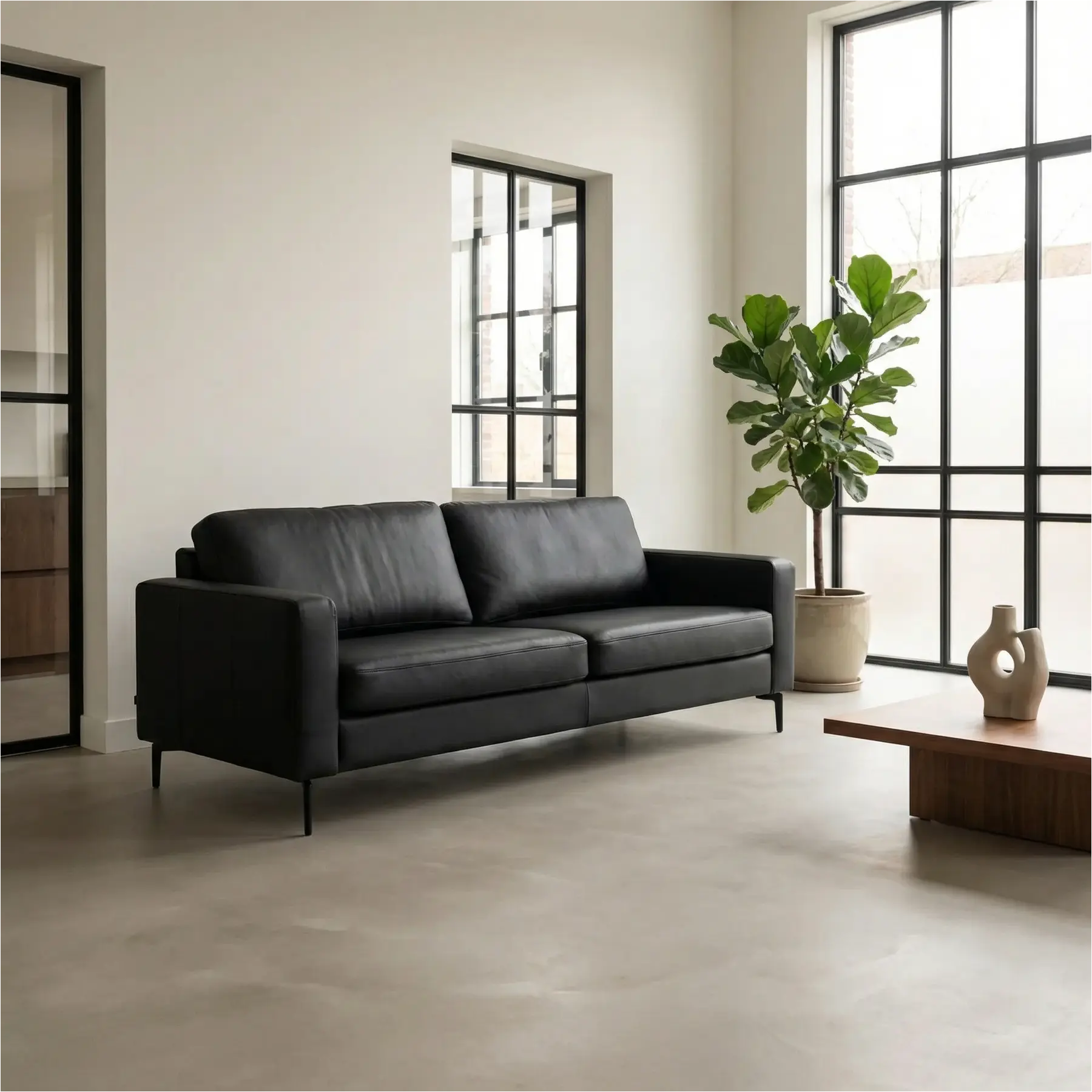 afbeelding van Leren bank Match - 3 zits - Toledo Nero (zwart) - Poten staal zwart